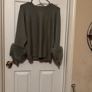 Saks Fifth Avenue Olive Green Sweater with Faux Fur Cuffs